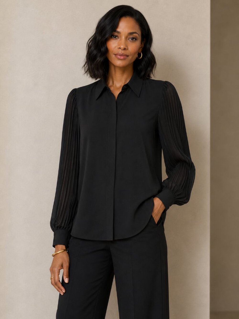 Catherine Malandrino Black Notched Collar Long Sleeve Blouse